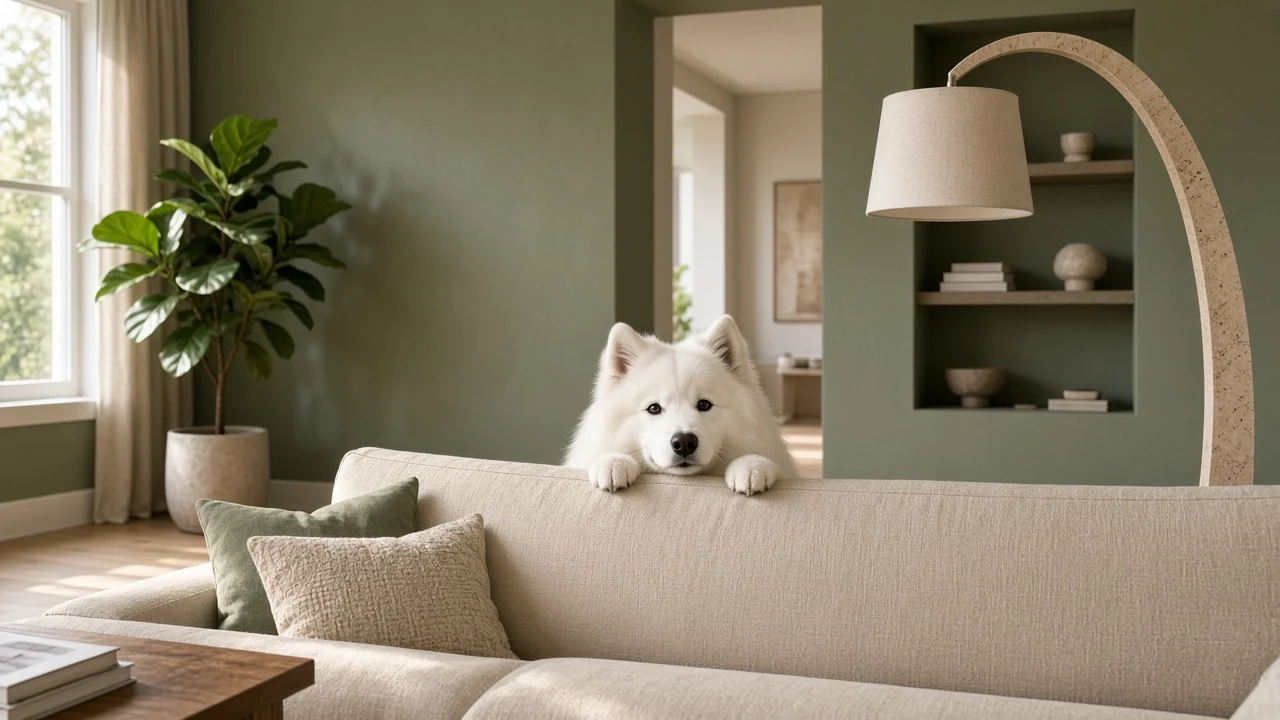 Playful Peek Over Minimalist Linen Living Room Sofa
