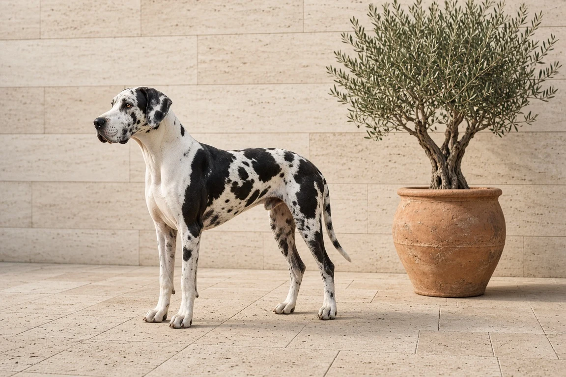 Harlequin Great Dane on Cast Concrete Patio with Olive Tree