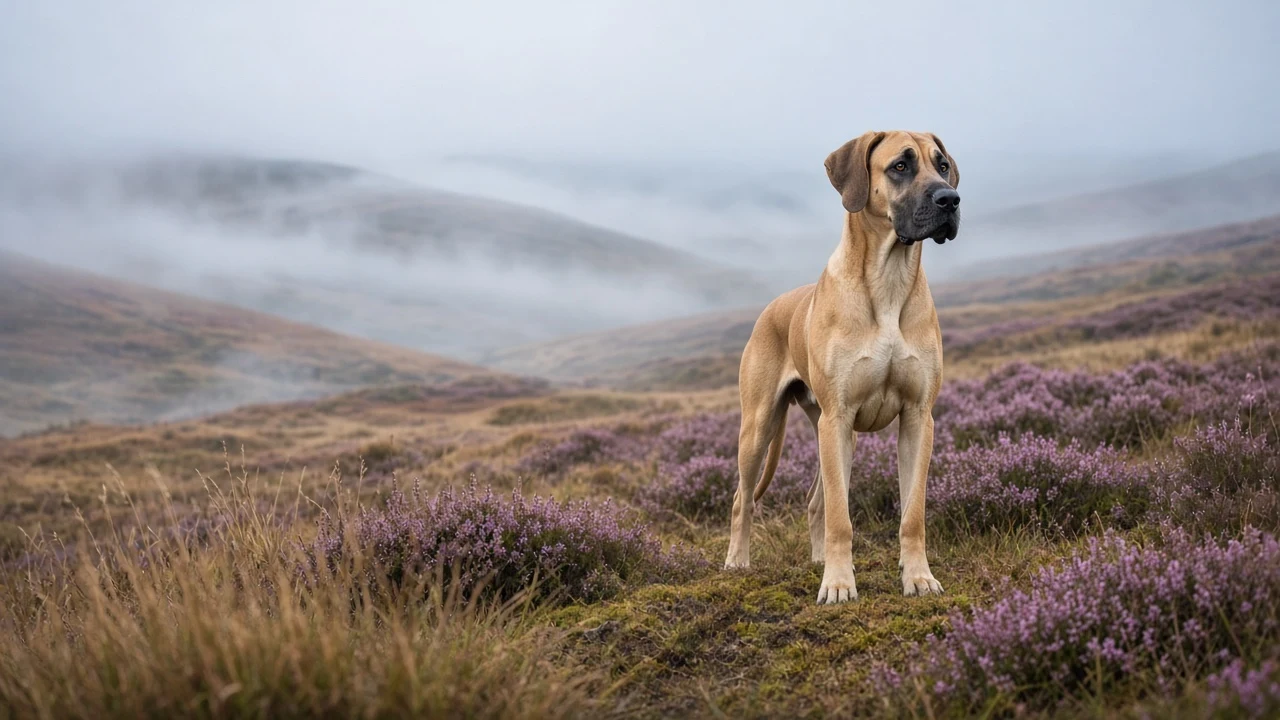 Misty Highland Heather Moor with Standing Fawn Great Dane