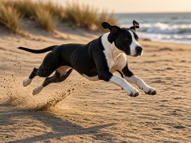 Mantle Great Dane Galloping Across Coastal Sand Dunes