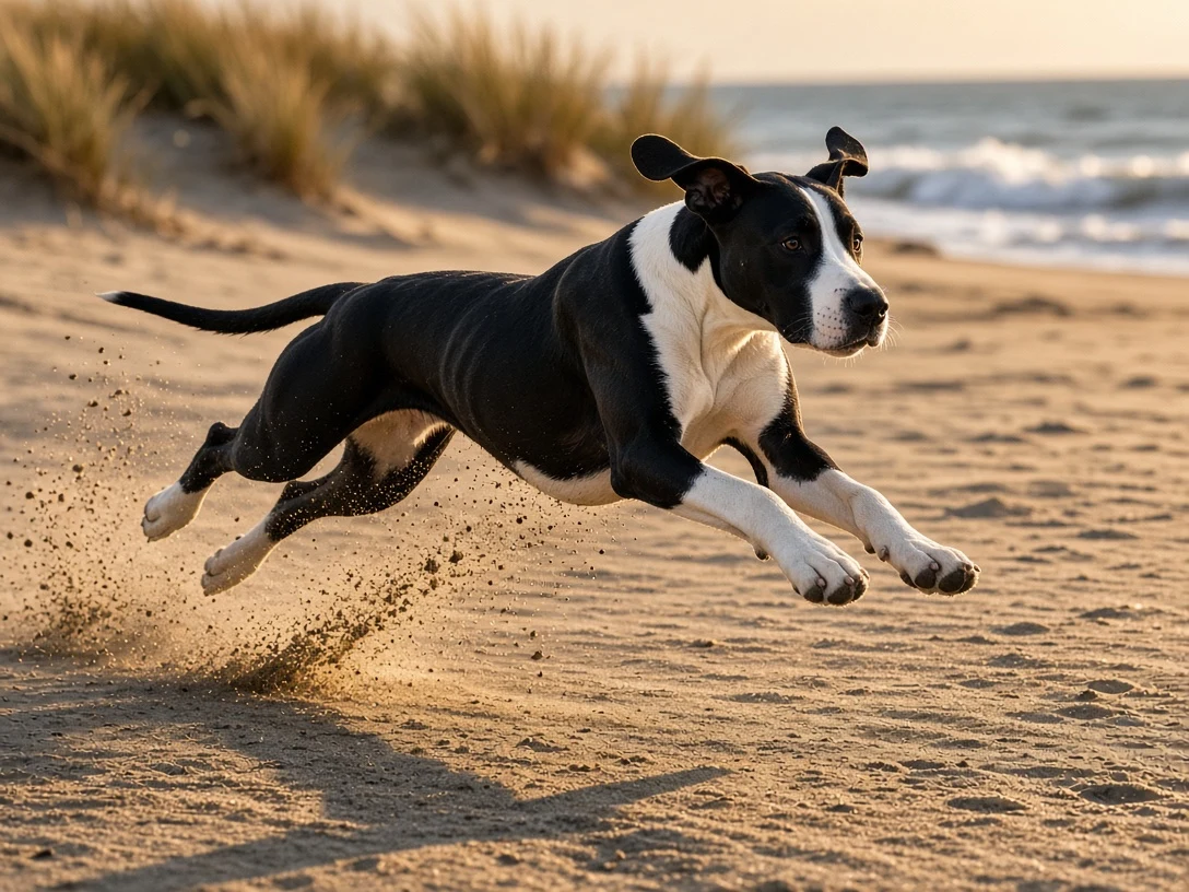 Mantle Great Dane Galloping Across Coastal Sand Dunes