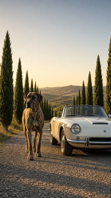 Brindle Great Dane Pacing Beside Vintage Convertible in Tuscany