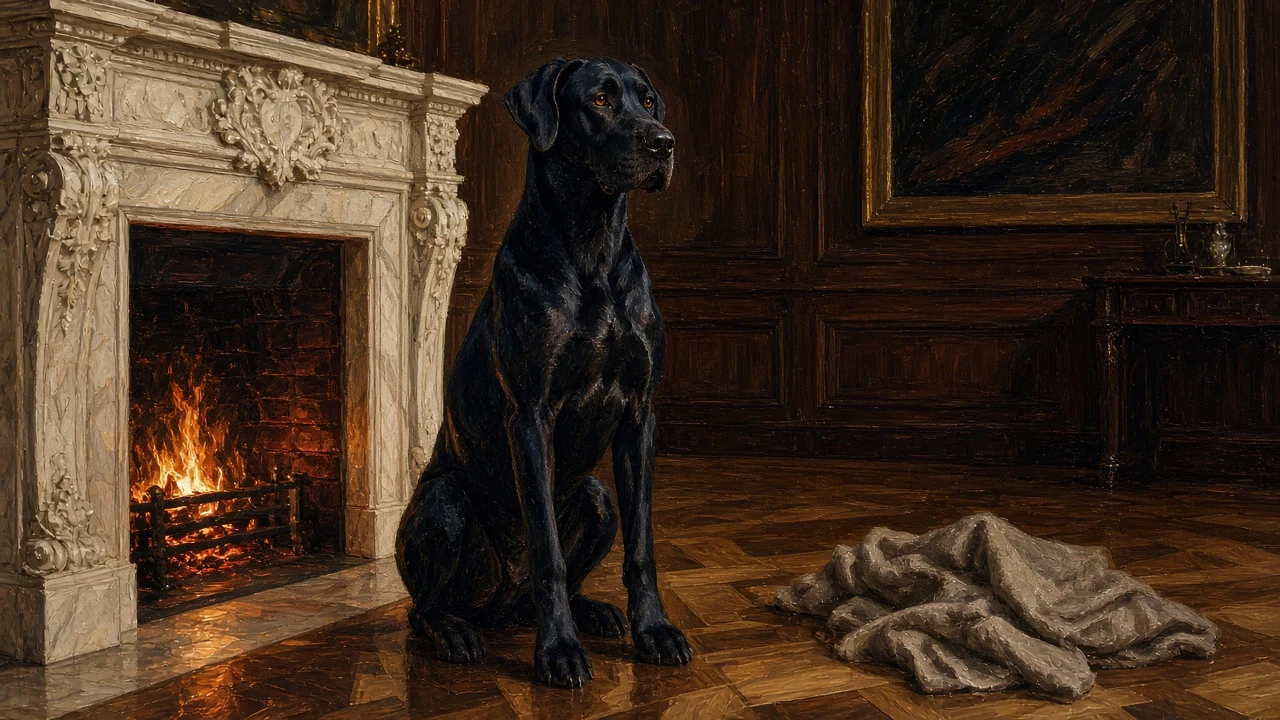 Classical Oil Portrait of Black Great Dane by Marble Fireplace