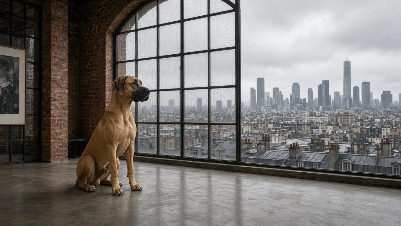 Fawn Great Dane Looking Out Arched Industrial Loft Window