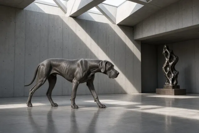 Slate Blue Great Dane Walking Through Brutalist Art Pavilion