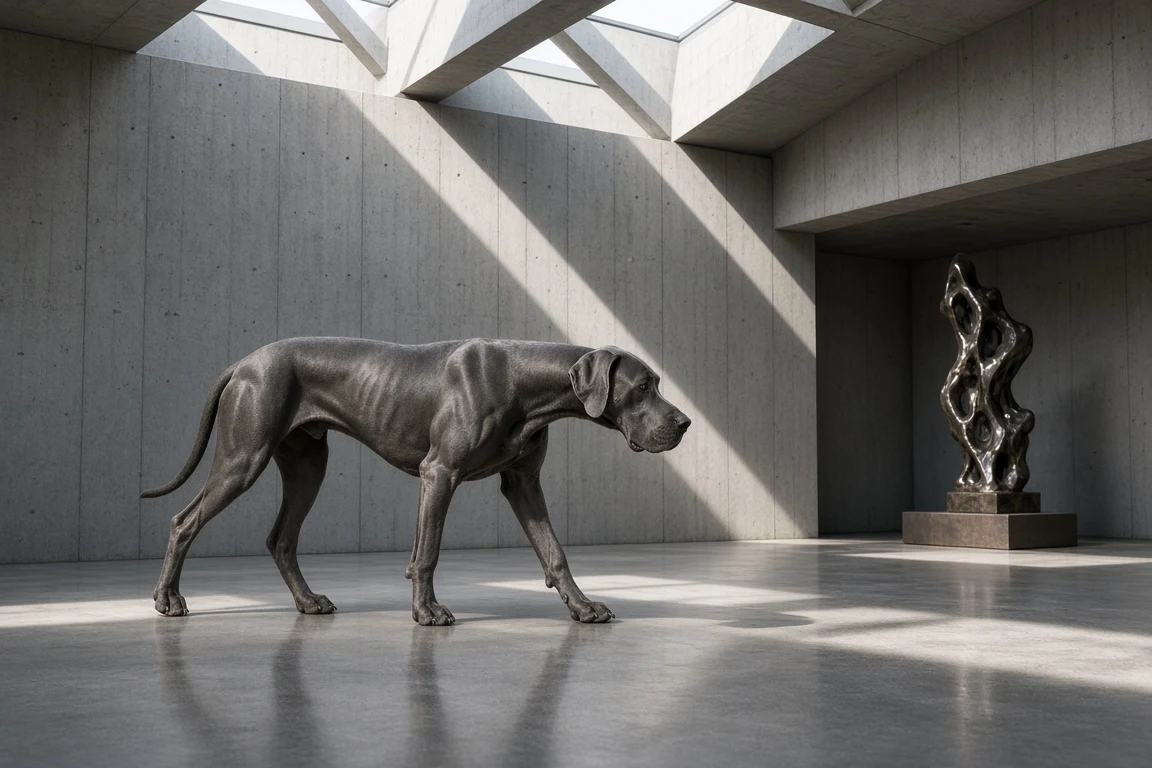 Slate Blue Great Dane Walking Through Brutalist Art Pavilion