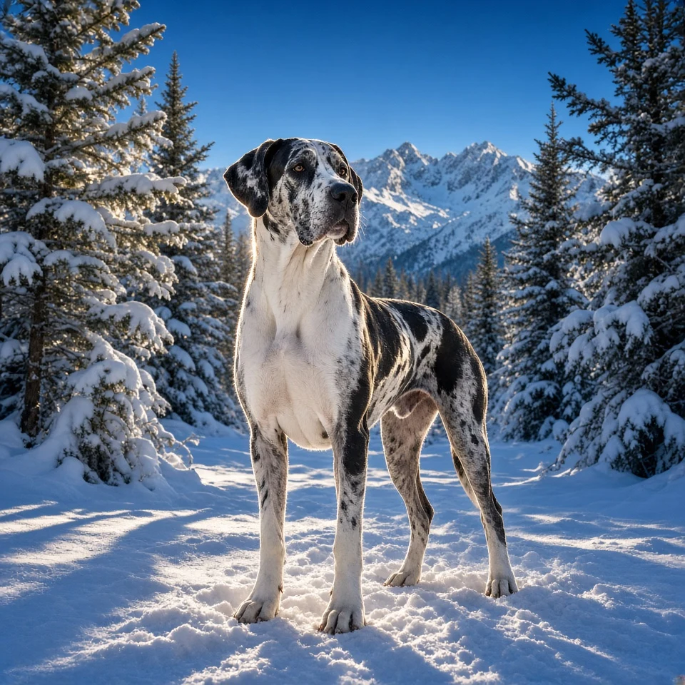 Harlequin Great Dane in Sunlit Alpine Pine Forest Snowscape