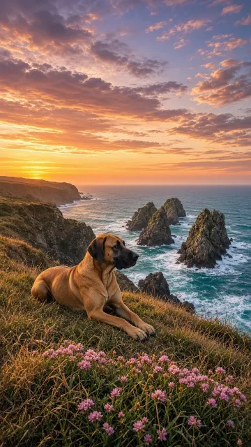 Fawn Great Dane Reclining on Sunset Ocean Bluff