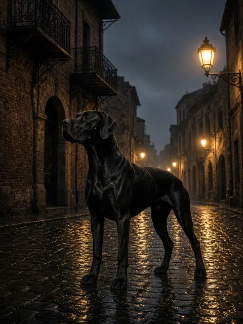 Solid Black Great Dane on Historic Rain-Glossed Cobblestones