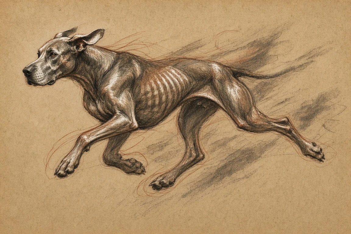 Charcoal and Sanguine Gesture Study of Running Great Dane