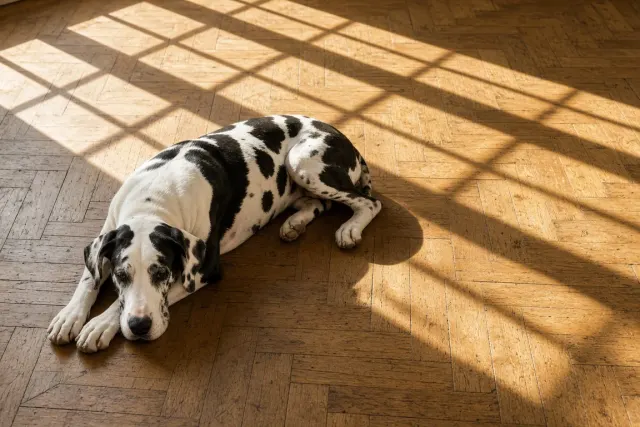 Harlequin Great Dane Resting on French Oak Parquet Flooring