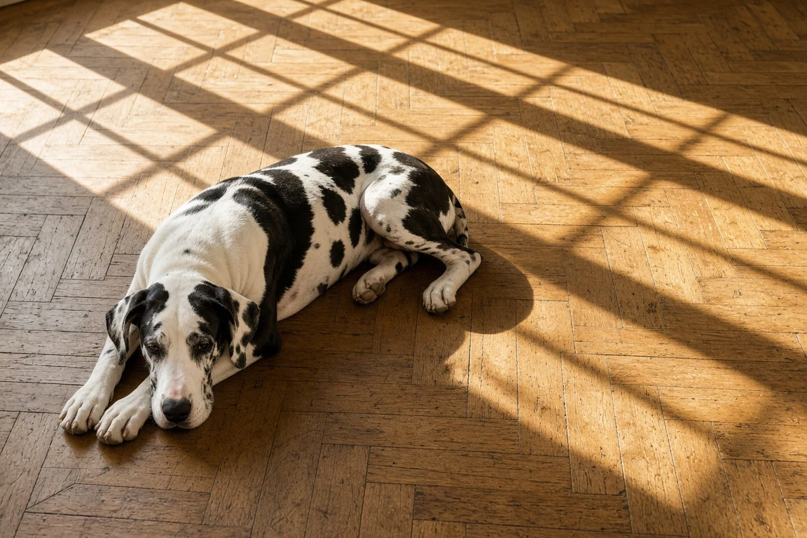 Harlequin Great Dane Resting on French Oak Parquet Flooring