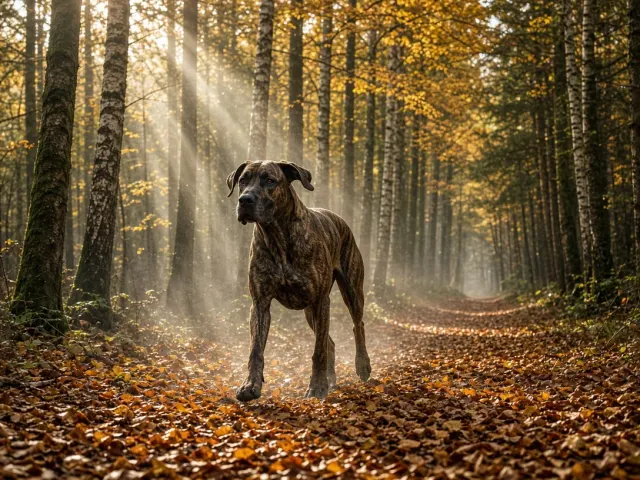 Brindle Great Dane Exploring Autumn Beech Canopy Forest