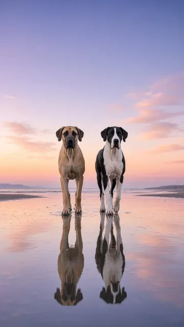 Synchronized Great Dane Pair Striding Along Tidal Flats