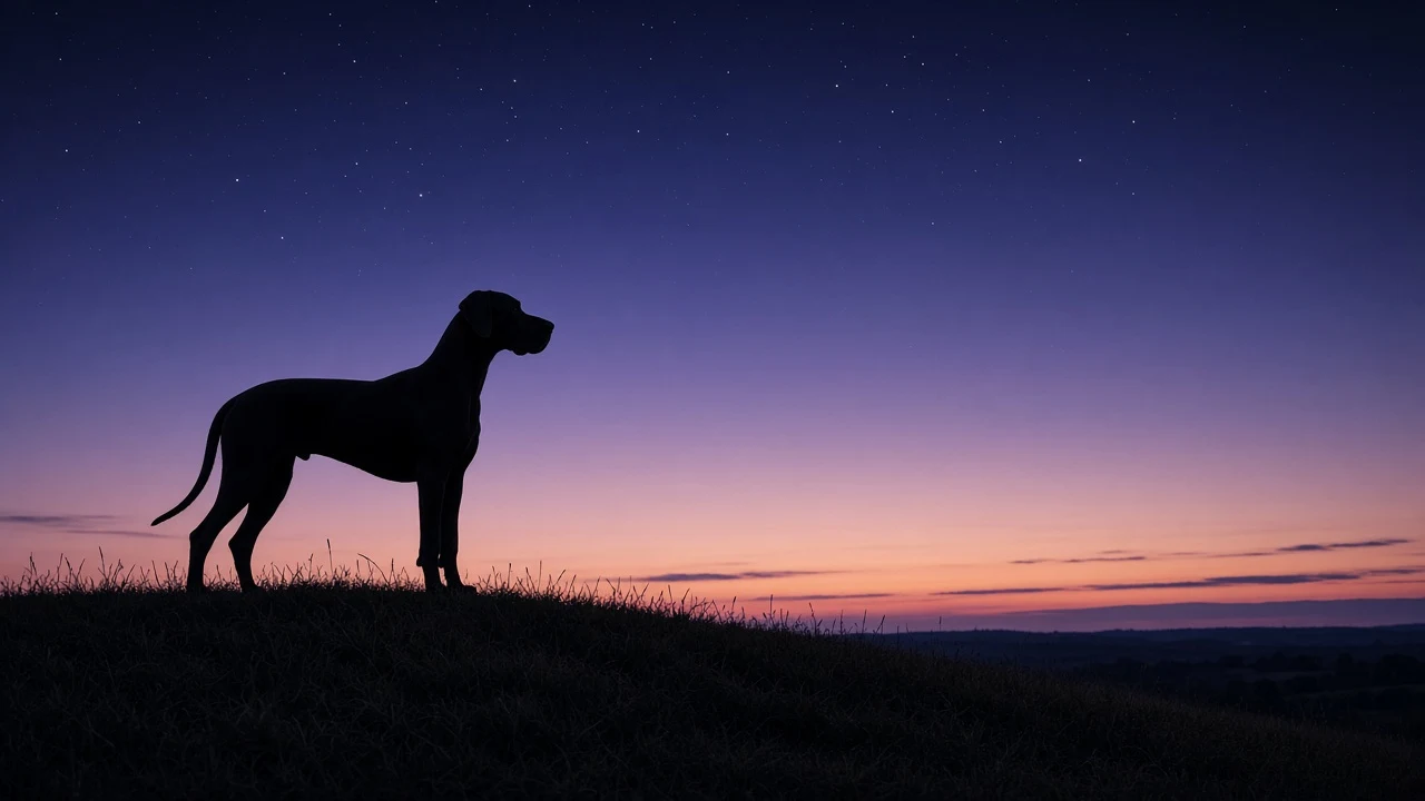 Silhouette of Great Dane on Grassy Ridge Beneath Twilight Sky