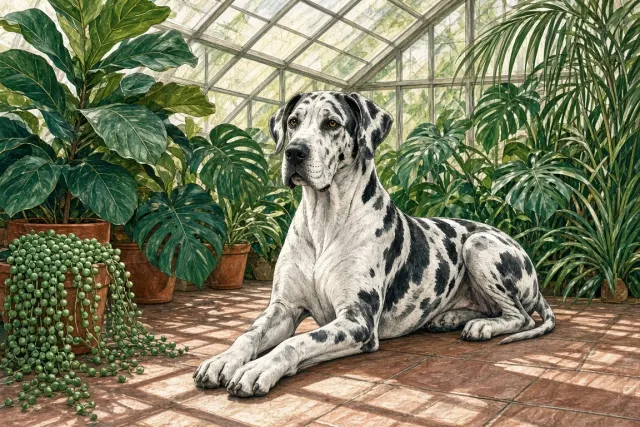 Contemporary Botanical Gouache of Harlequin Dane in Greenhouse
