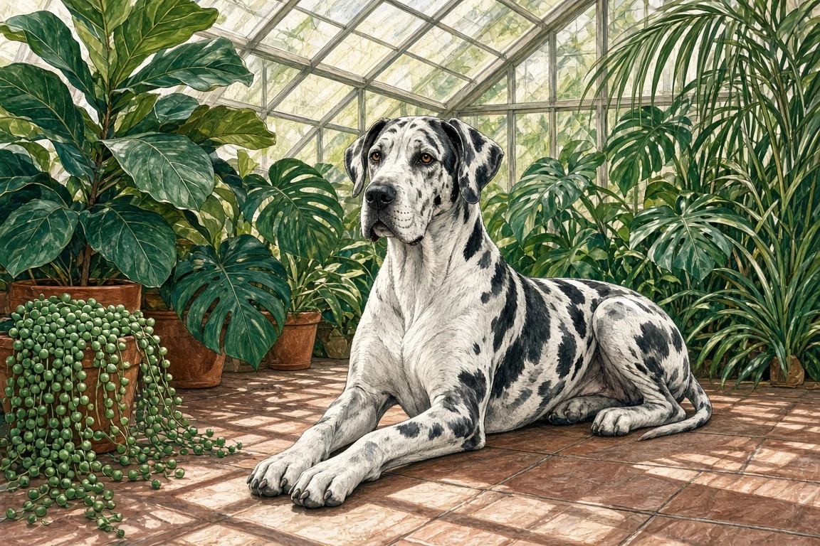 Contemporary Botanical Gouache of Harlequin Dane in Greenhouse