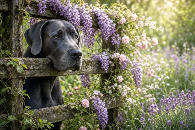 Blue Great Dane Peering Over Wisteria Farmhouse Gate
