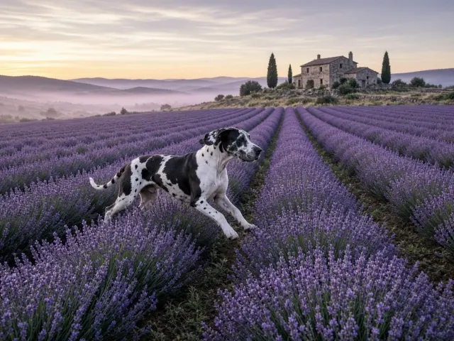 Harlequin Great Dane Striding Past Provence Lavender Rows