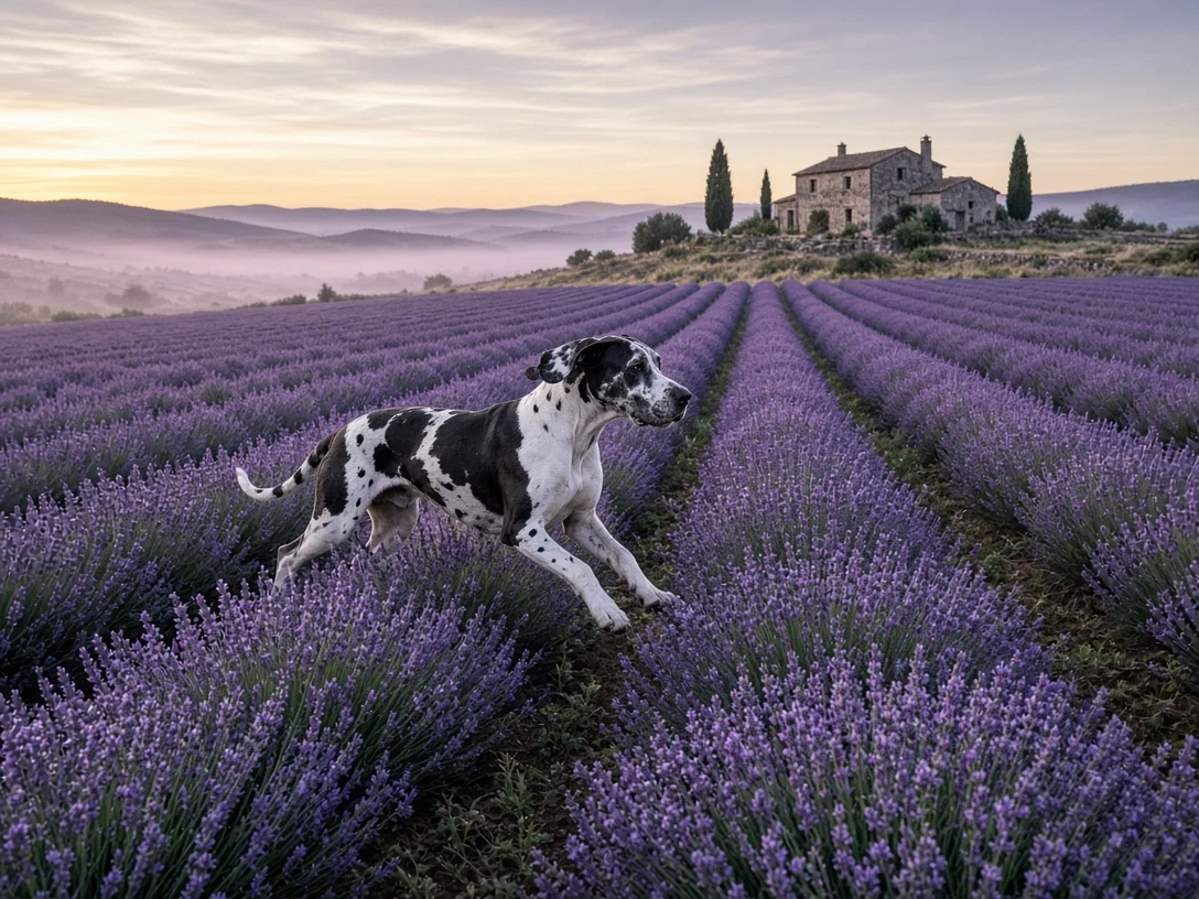 Harlequin Great Dane Striding Past Provence Lavender Rows