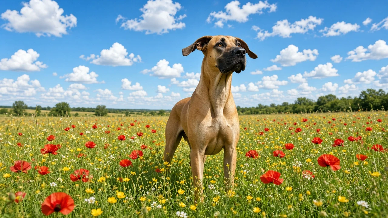 Fawn Great Dane Looking Upward in Wildflower Meadow Breeze