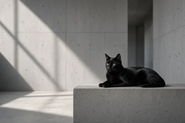 Black Bombay Cat in Raw Concrete Architectural Light