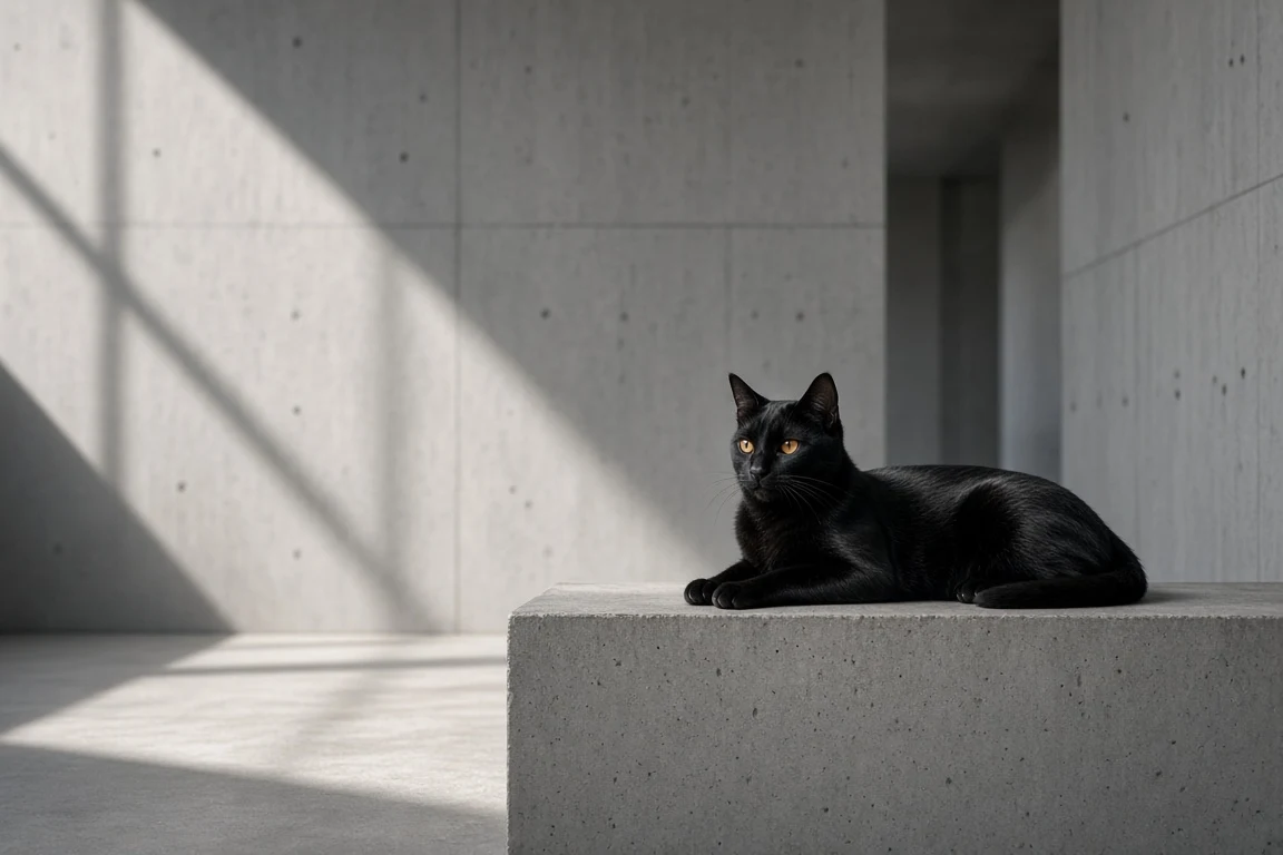 Black Bombay Cat in Raw Concrete Architectural Light