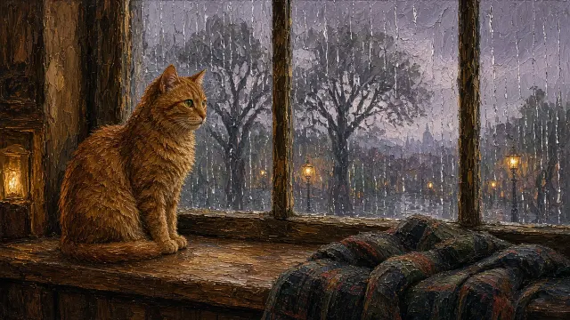 Ginger Tabby by Rain-Streaked Victorian Bay Window