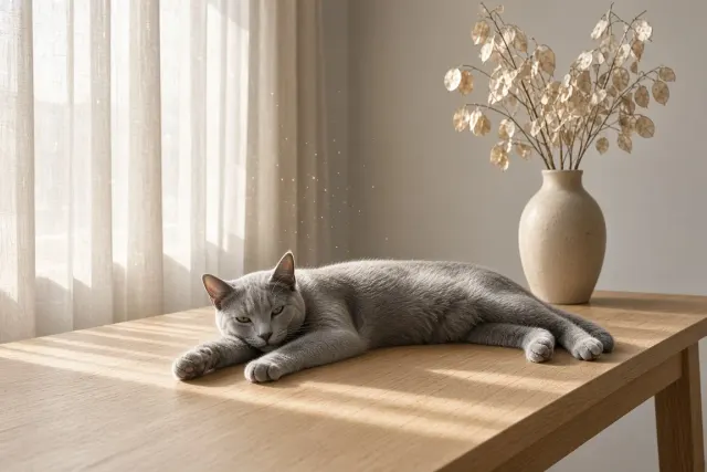 Russian Blue Stretching on Sunlit Scandinavian Oak