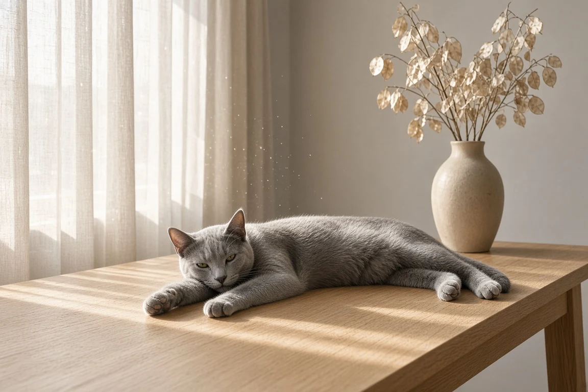 Russian Blue Stretching on Sunlit Scandinavian Oak