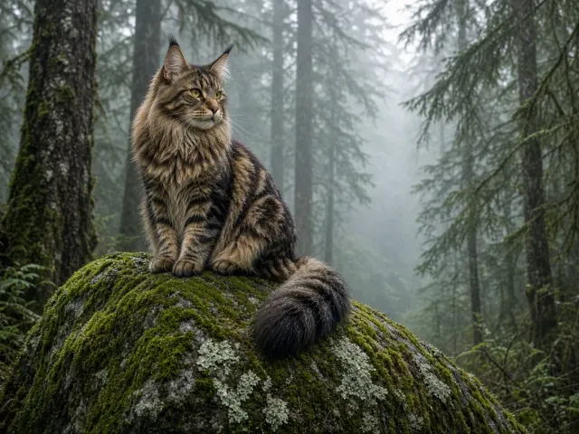 Maine Coon on Lichen-Covered Boulder in Misty Forest