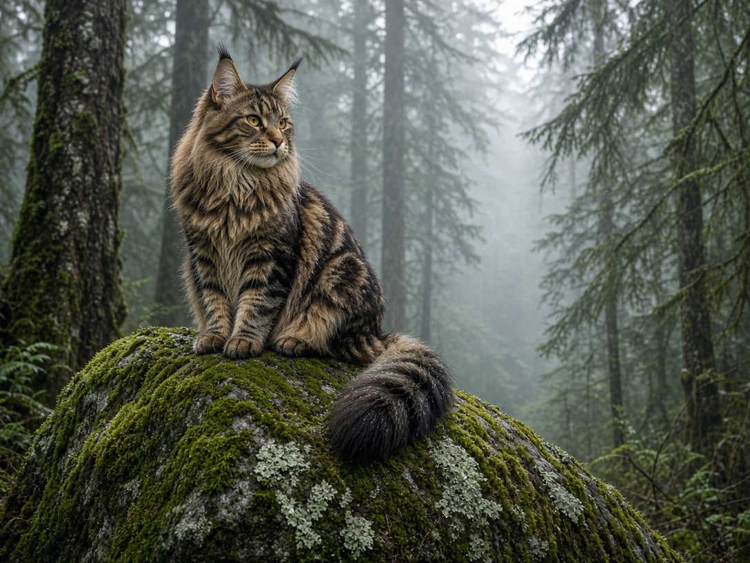 Maine Coon on Lichen-Covered Boulder in Misty Forest