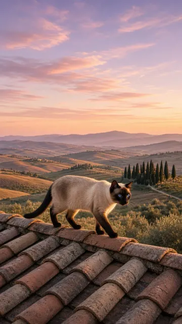 Siamese Walking Across Tuscan Terracotta Rooftops