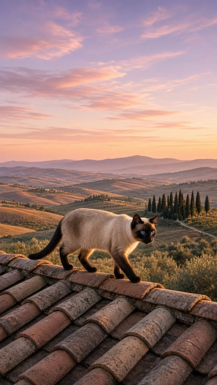 Siamese Walking Across Tuscan Terracotta Rooftops