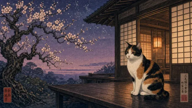Shin-Hanga Calico Cat by Plum Blossom Twilight
