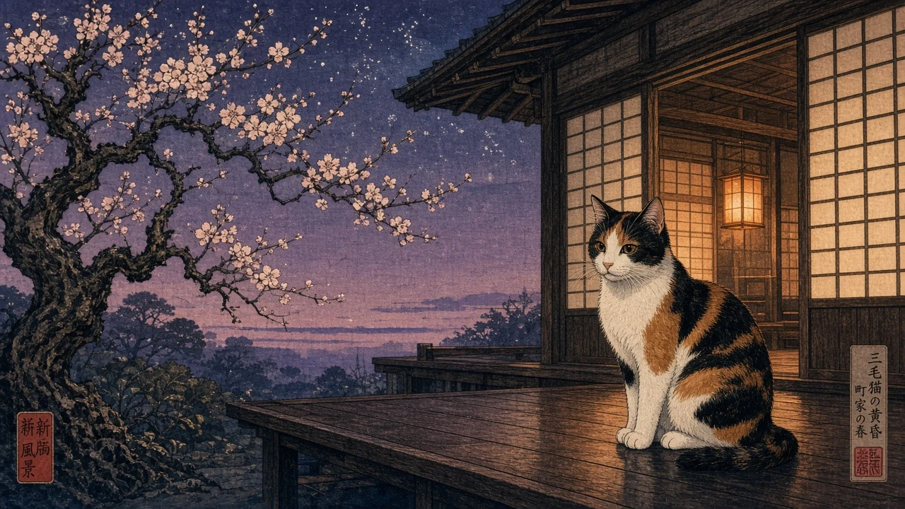 Shin-Hanga Calico Cat by Plum Blossom Twilight