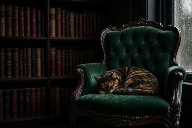Elderly Tortoiseshell on Antique Emerald Velvet Armchair