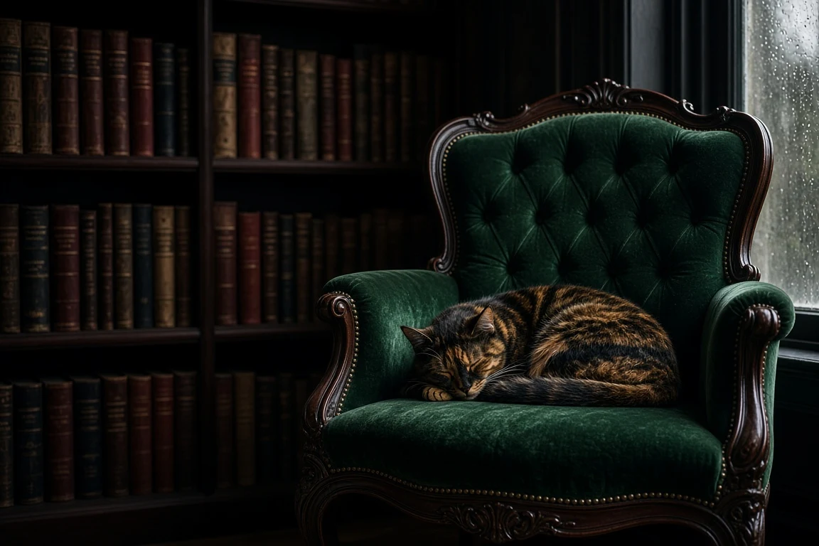 Elderly Tortoiseshell on Antique Emerald Velvet Armchair