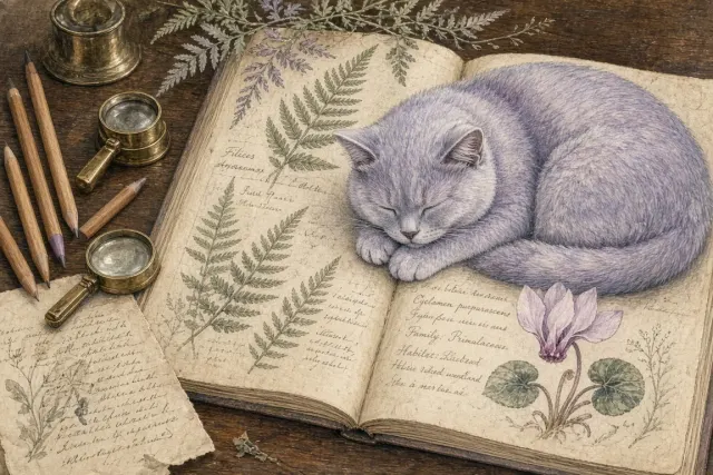 British Shorthair Asleep on Botanical Folios
