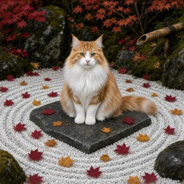 Norwegian Forest Cat in Autumn Zen Courtyard