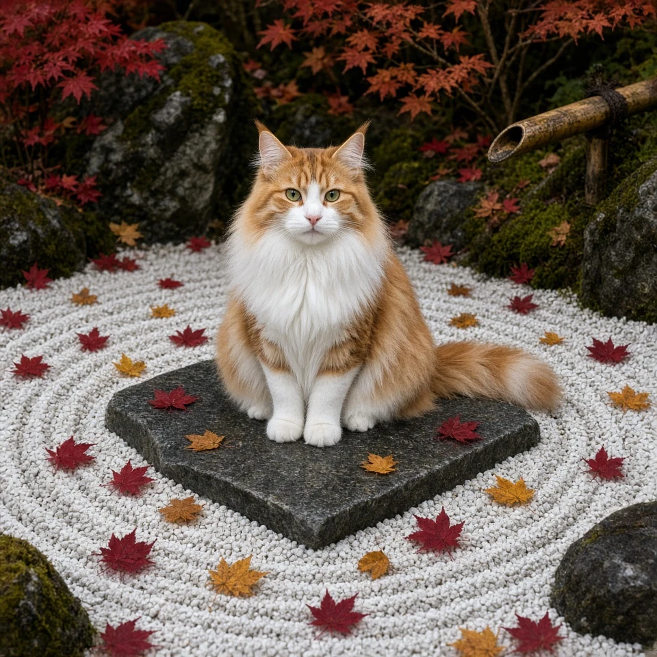 Norwegian Forest Cat in Autumn Zen Courtyard