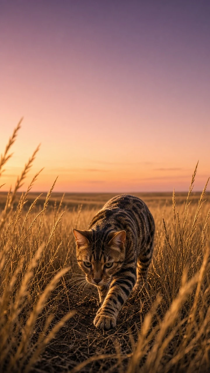 Rosetted Bengal Cat Stalking Through Prairie Grass
