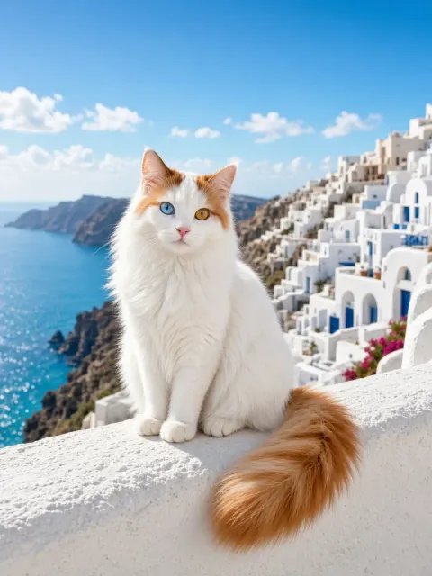 Odd-Eyed Turkish Van on Mediterranean Parapet