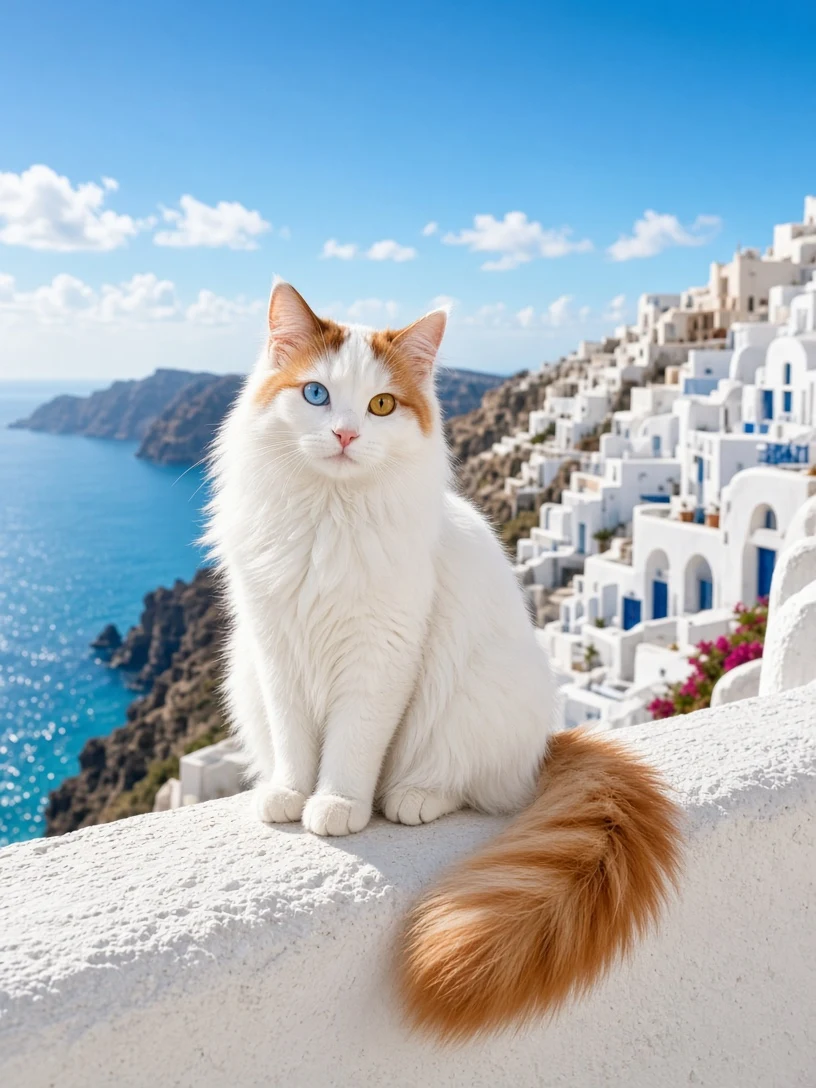Odd-Eyed Turkish Van on Mediterranean Parapet