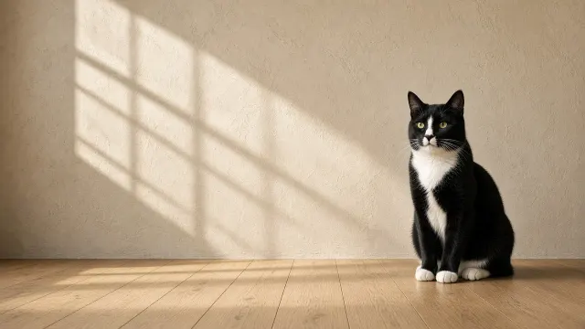 Tuxedo Cat Against Architectural Limewashed Wall