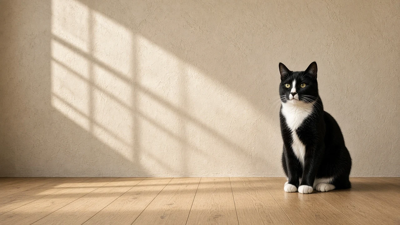 Tuxedo Cat Against Architectural Limewashed Wall