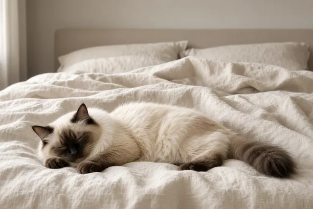 Ragdoll Sleeping on Fresh Washed Linen Sheets