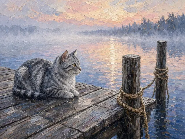 Impressionist Silver Tabby on Mist-Shrouded Dock