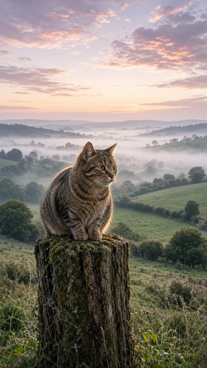 Rustic Farm Cat on Wooden Post Overlooking English Downs
