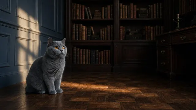 Chartreux Gazing Upward in Moody Slate Blue Library